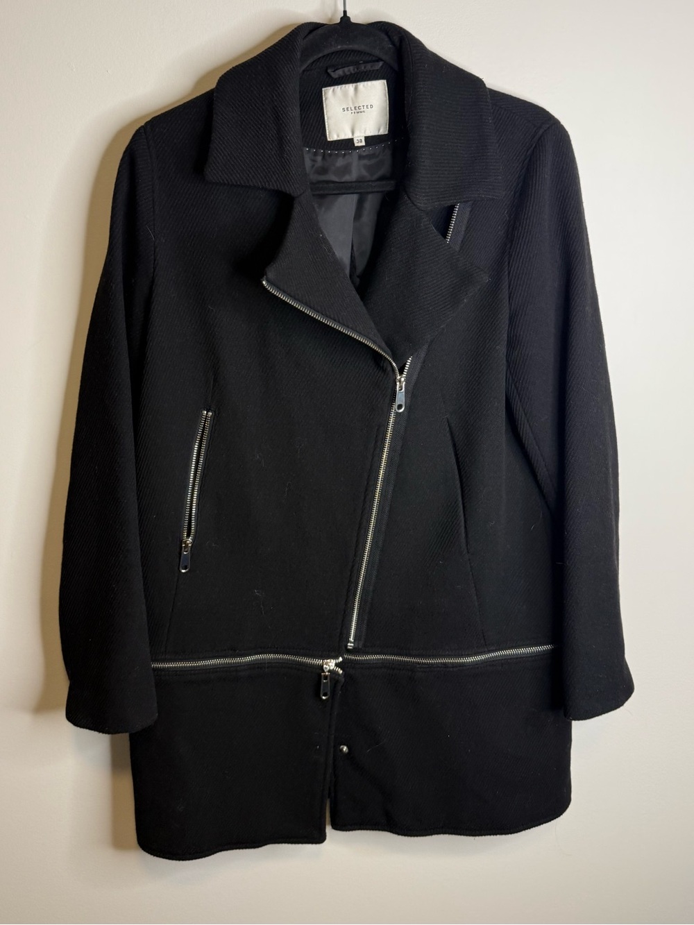 Selected Femme Black Asymmetrical Zip Pea Coat size 38